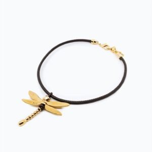 Collana Dragonfly in cuoio e ciondolo in oro